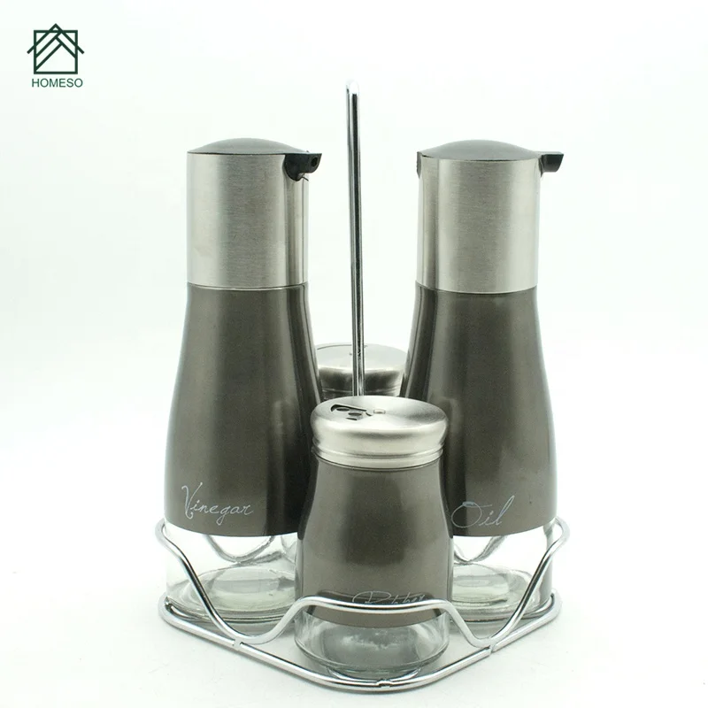4Pcs Seasoning Stainless Steel Spice Jar Set With Metal Rack For Vinegar And Oil Kitchen Storage Glass Spice Jar rack Set