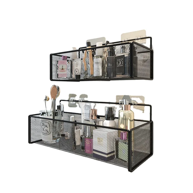 Simple Single-Tier Wall-Mounted Metal Grid Basket Organizer Chrome Plated for Bathroom Storage Household Use Furniture Hardware