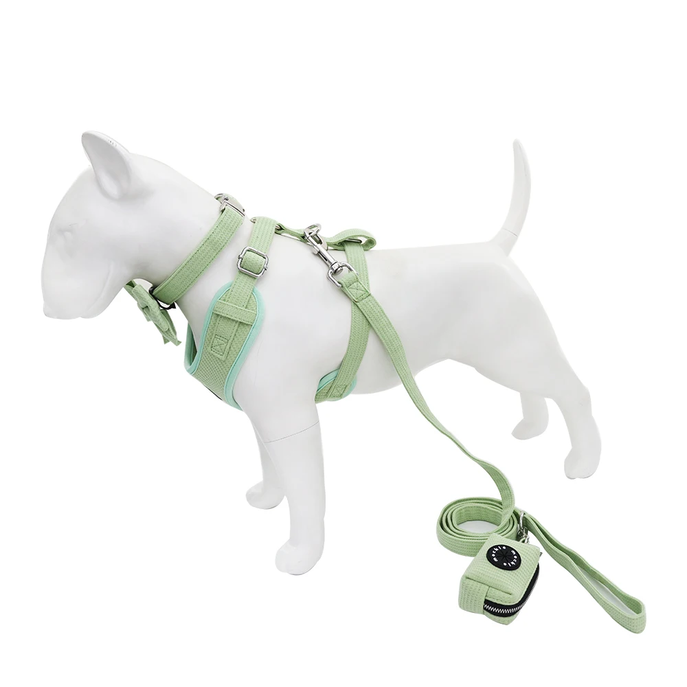 Dog Harness Set in Berry Cute (Light/baby Green) Waffle Dog Harness Collar Lead Poo Bag Holder Bow Tie OR Neck Tie Set