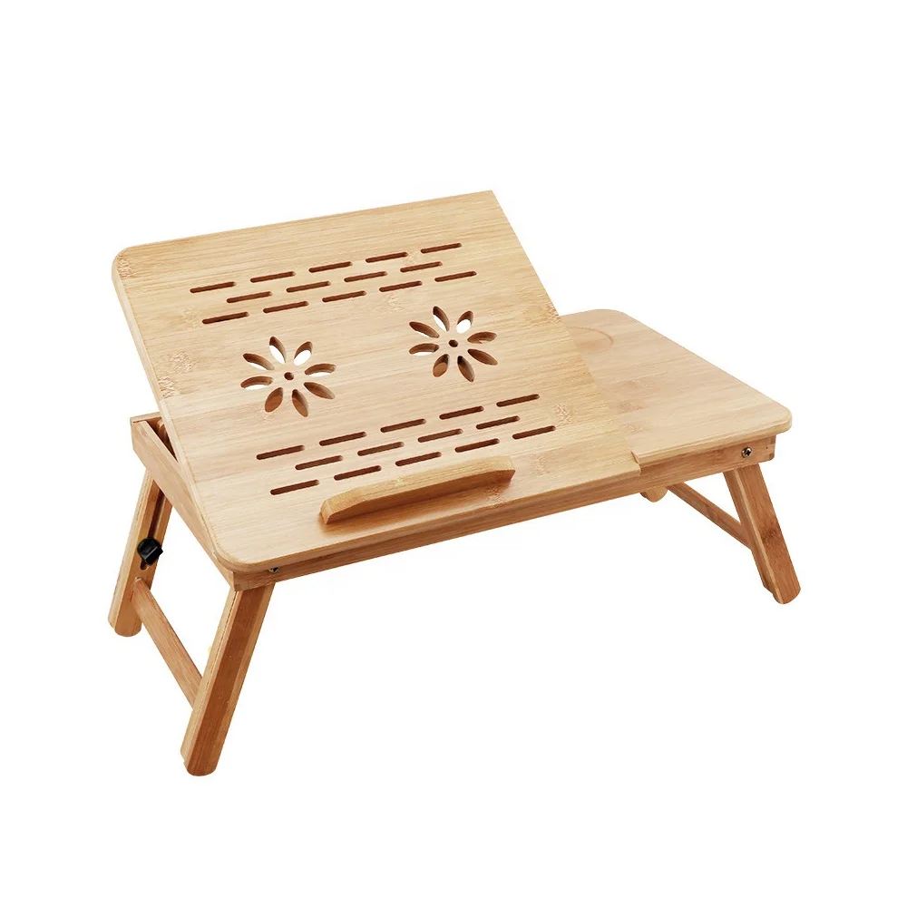 Bamboo Height Adjustable Laptop Stand Folding Laptop Table with Fan Lap Desk Portable
