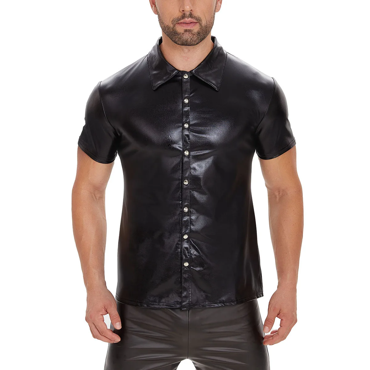 Short Sleeve Lapel T-Shirt Top PVC Highlight Patent Leather Jacket Sexy Leather Leather Men