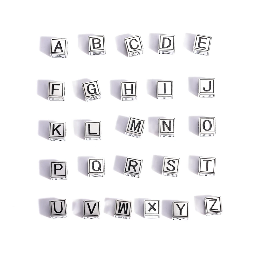 Stainless Steel High Polished Black Letter Square Cube Beaded Engraved Letter Alphabet Charm Beads For DIY Jewelry Accessories