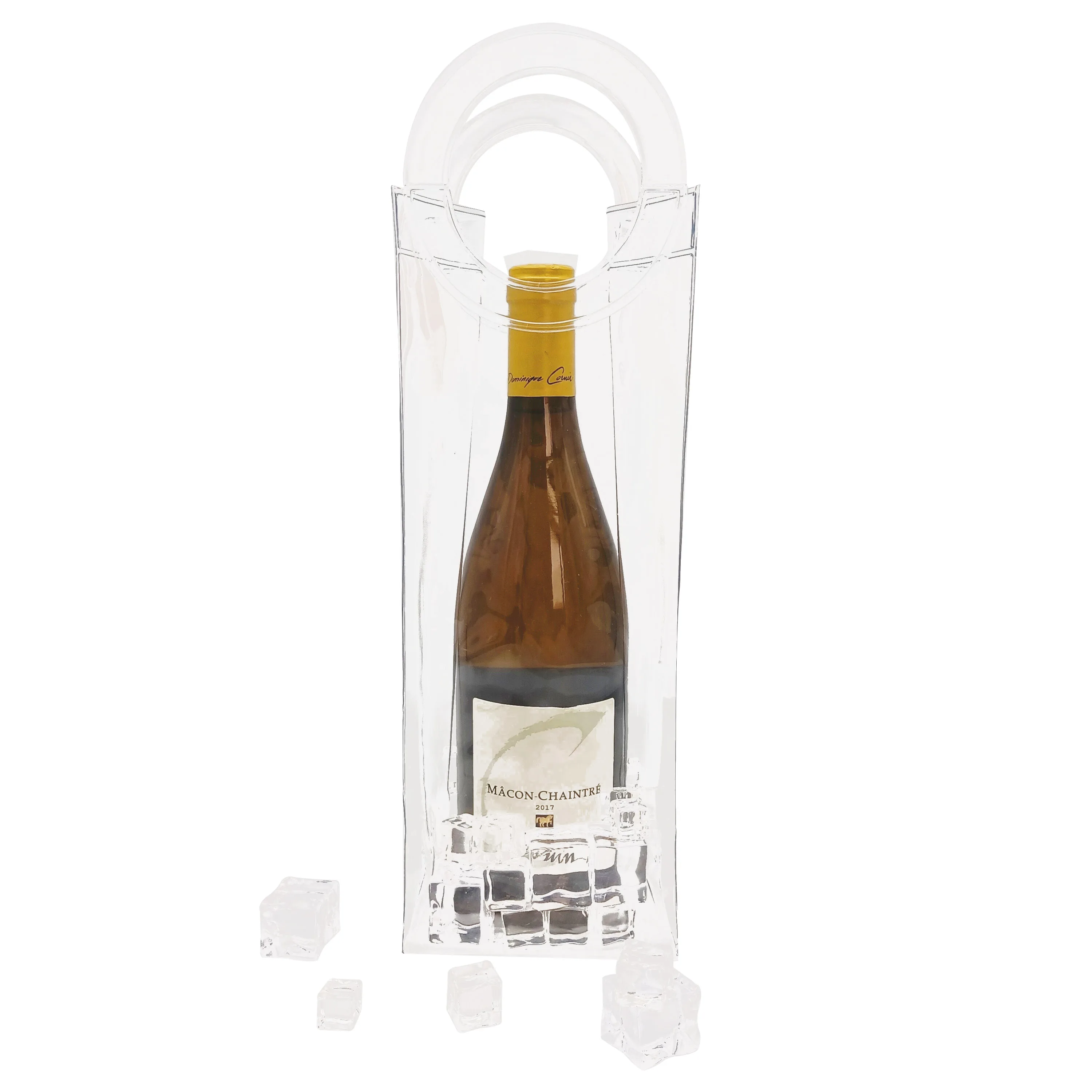 Customized Logo Ins Popular Cool PVC Drinks Bottle Wine Bag Cooler Transparent Ice Bag with Round Handle
