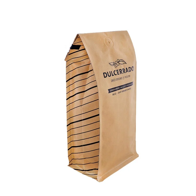 250g 500g 1kg Kraft Paper Flat Bottom Bags With Valve For Coffee Suger Powder Snack Packaging