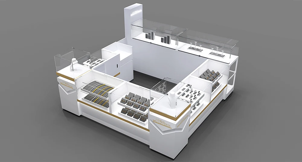 Modern Jewelry Store Display Showcase Counter Wooden Glass Booth Jewelry Kiosk for Shopping Mall