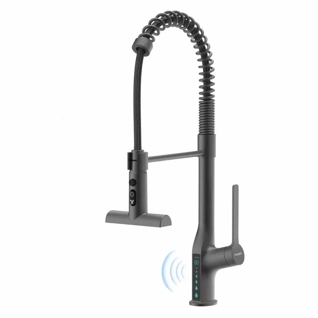 Modern Contemporary Kitchen Sink Faucet Pull Sprayer with Spring Design Black Ceramic Water Tap by  Made of Brass
