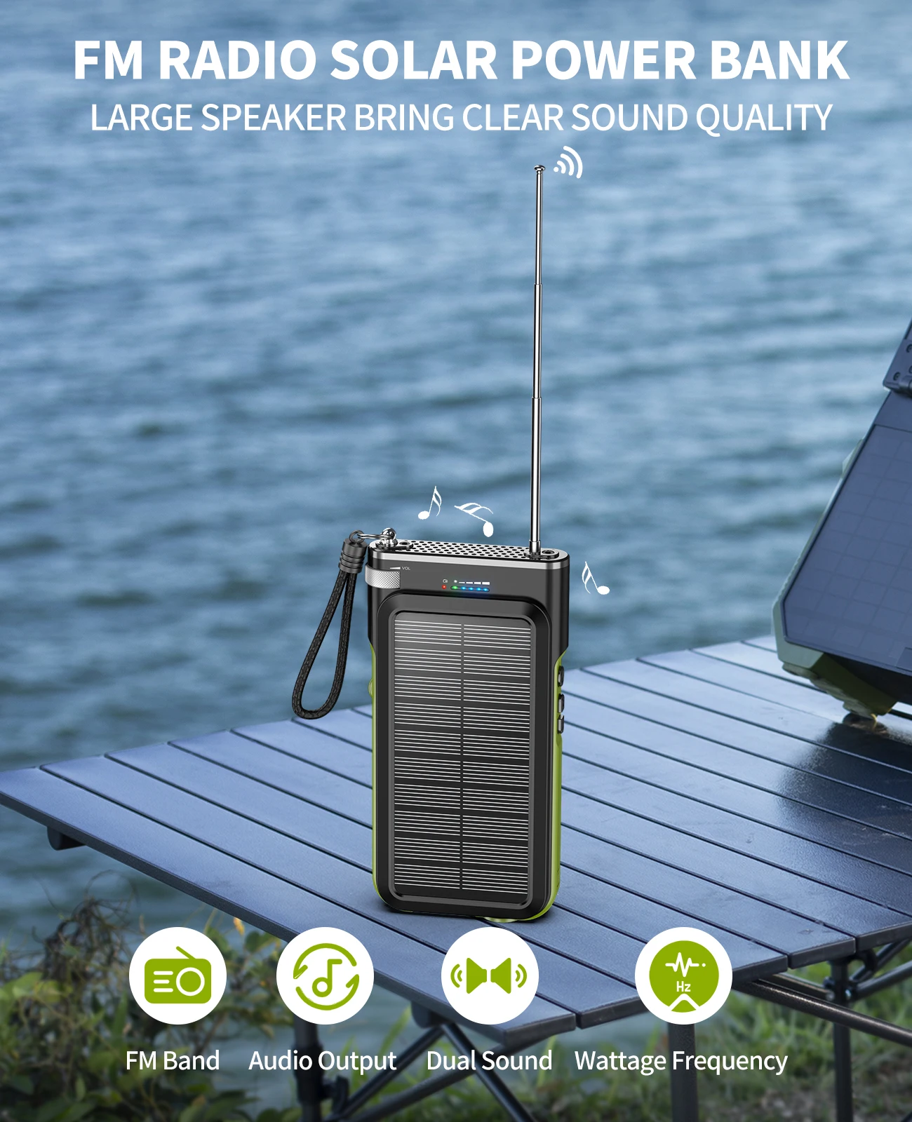 Online New trending 2023 arrivals Splash proof FM radio Wireless charger Mobile Phone Solar power bank with 2 cables