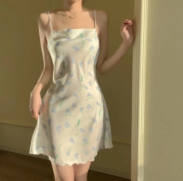 2024 new sexy nightdress ladies summer halter ice silk pajamas printed pure desire pajamas