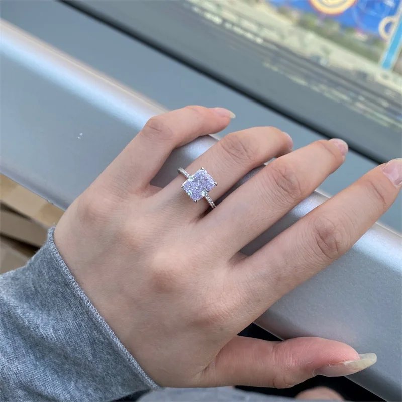 Silver French super flash square diamond 8A ice flower cut zirconia simulation diamond ring female ins niche design couple ring