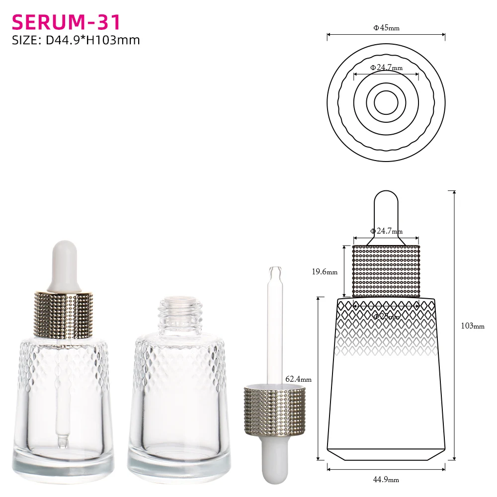 OMI Luxury Custom 30ml Flat Glass Serum Bottle Skincare Dropper Screen Printed Face Serum Essential Oils Available 50ml 10ml