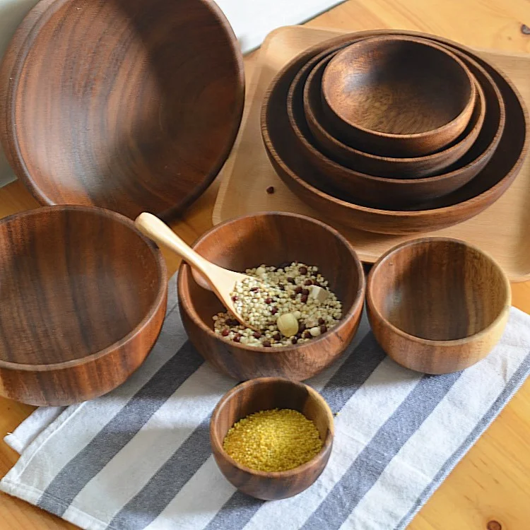 Thailand acacia wooden serving bowls flat bottom retro large natural acacia salad wood bowl