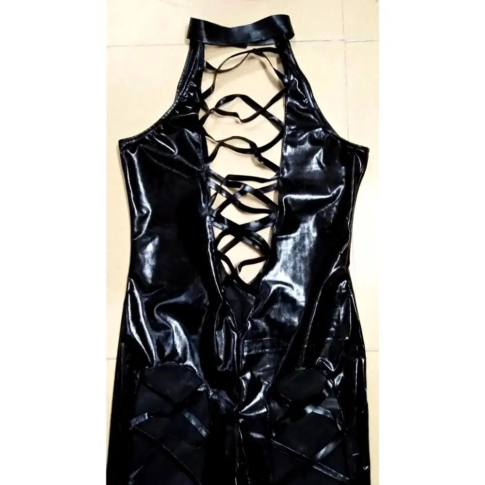 MOGlovers Women PVC Catsuit Black  Hollow out PU Leather Bodysuit Sexy Club Wear Hot Erotic Pole Dance Costumes