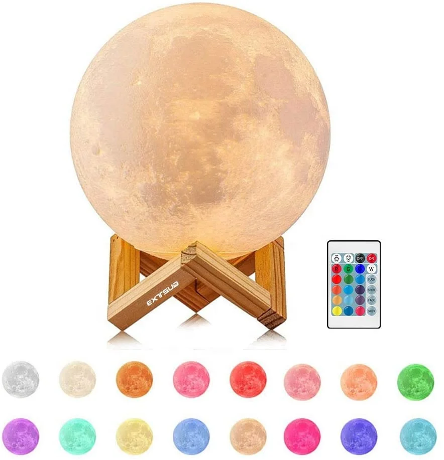 15cm Table Moon Lamps Lunar Night Light Remote Control Dimmable Brightness 16 Colors 4 Light Conversion Modes USB Wooden Holder