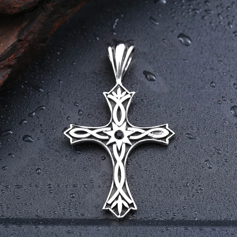 Stainless Steel Cross Inlaid Red Gemstone Pendant Vintage Viking Pattern Celtic Knot Men Necklace