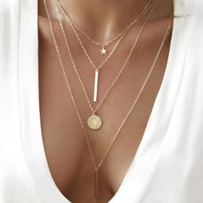Layered Boho Alloy Necklaces For Women Trendy Gold Layered Necklaces Coin Pendant Stack Choker Necklace Sets For Women AM2052005