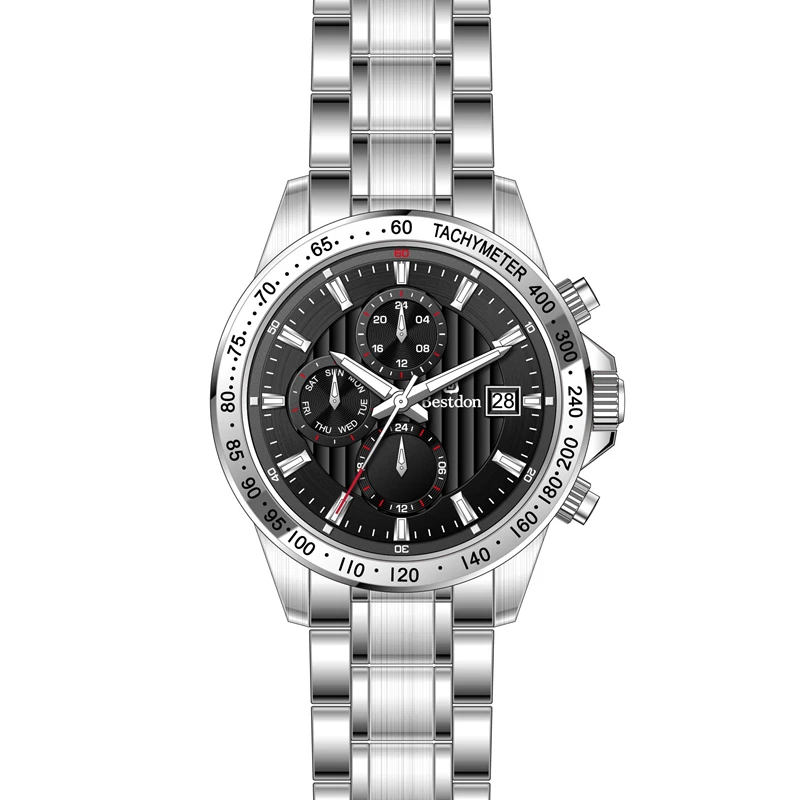 New sport design japanese movt tachymeter watch multi function two time zone stainless steel chain watch