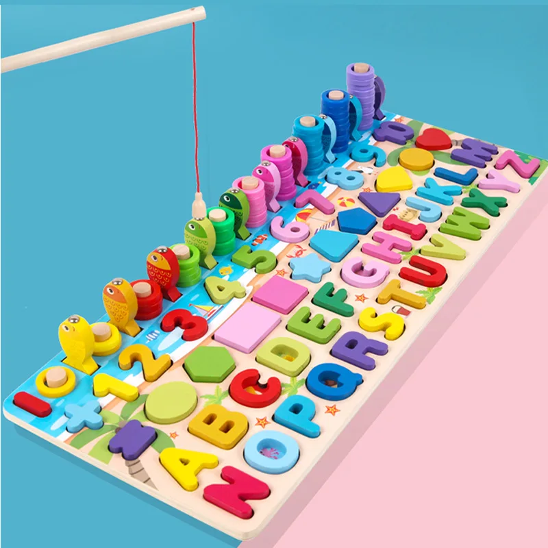6 in 1 multifunctional logarithmic fishing game montessori kids educational wooden puzzle games count numbers matching board