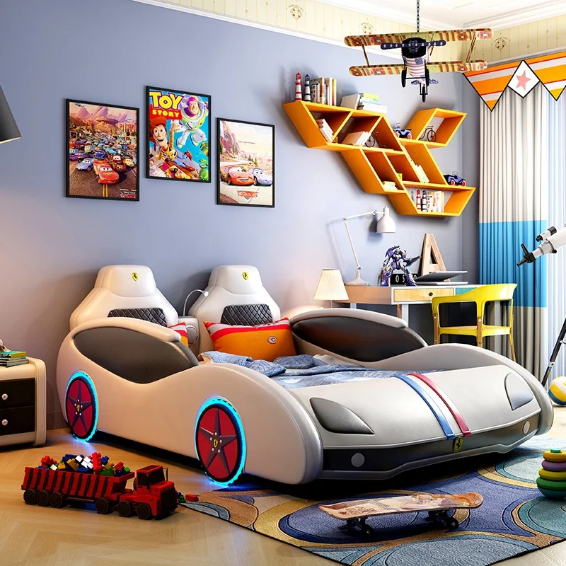 Modern house child led lamp speaker wooden bed frame bedroom furniture grils boys kids slide race cars beds children beds
