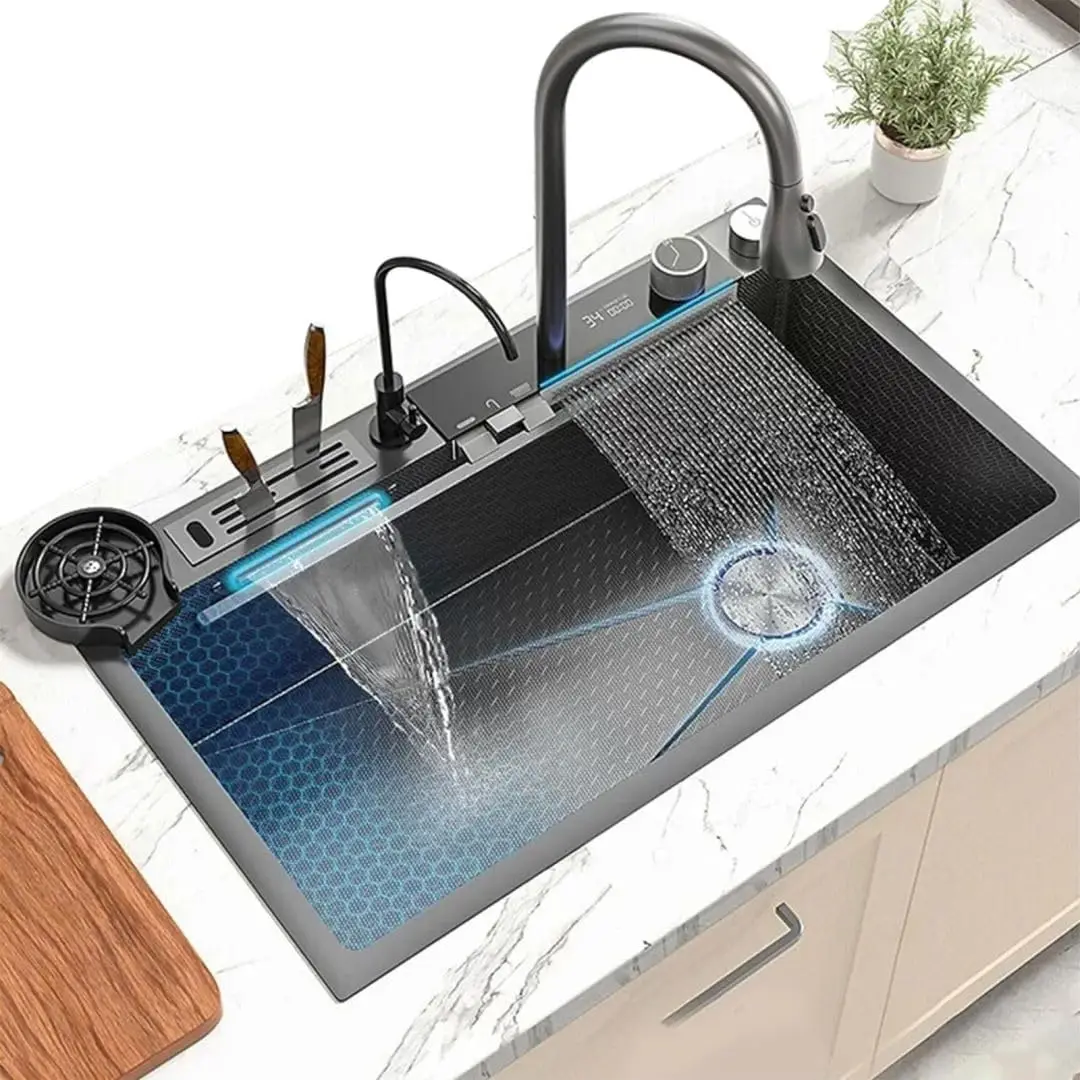 china wholesale custom Multifunctional Waterfall Scratch Resistant Stainless Steel Large Single black  Kitchen Sink
