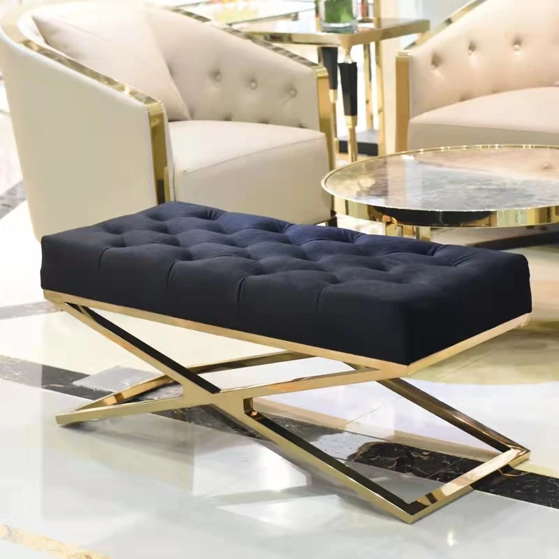 Luxury Living Room Bench Gold Stainless Steel Legs Leather Velvet Chairs Modern Salon Sofa Bed End Stool High-Density Sponge