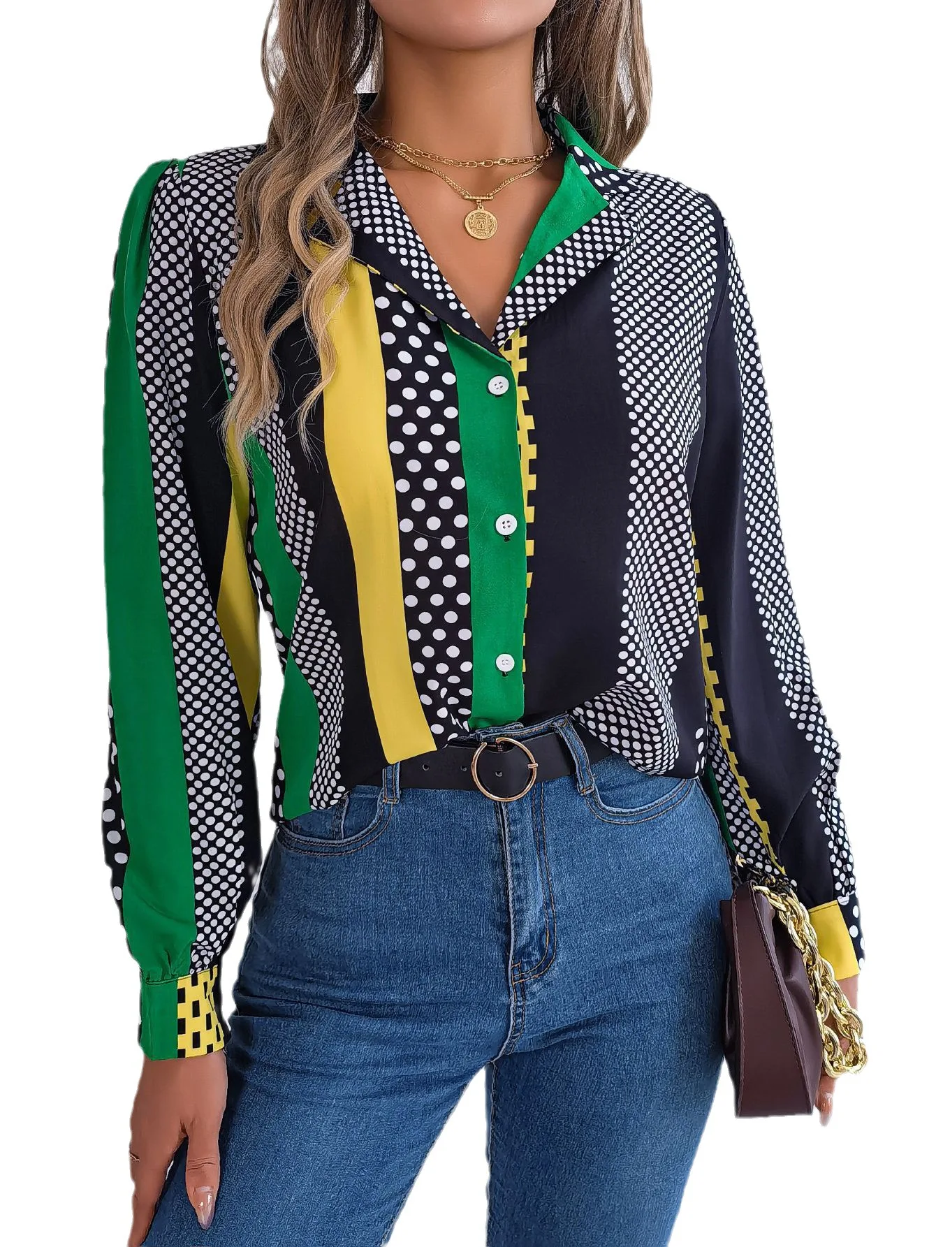 Autumn Casual All-match Contrast Polka Dots Tailored Collar Long Sleeve Shirt