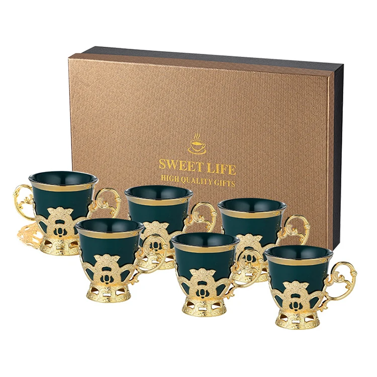 Hot Selling Luxury Porcelain Turkish Cup Set Gold Ceramic Gift Coffee Tea Cup and Saucer Set of 6