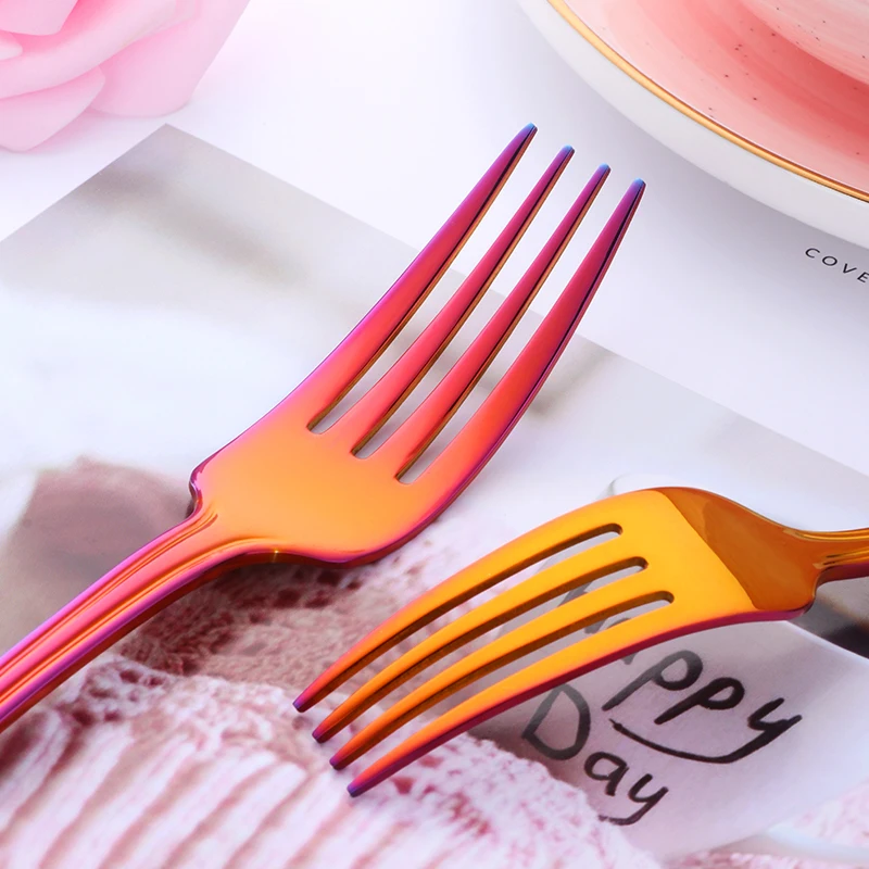 Stainless Steel cutlery set Knife Spoon Fork knife 5pcs Rainbow Titanium Cutlery for party event Gradient Red Coffee