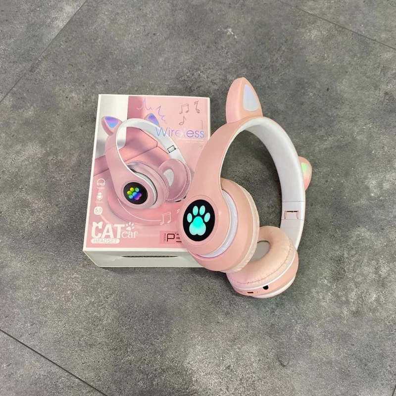 P33M Colorful Glowing Cute Cat Ear Headphones Blue tooth 5.0 Bass Noise Cancelling Headset Support TF Card Headset With Mic