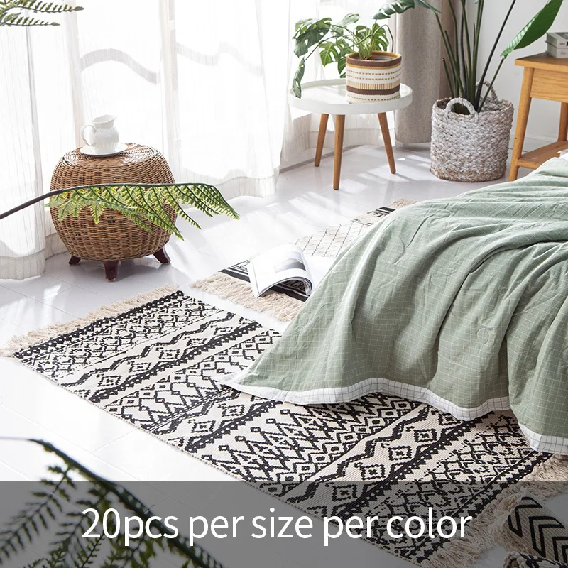 Hot selling high quality new products black geometric pattern morocco tribal bathroom non-slip carpet cotton woven area rug