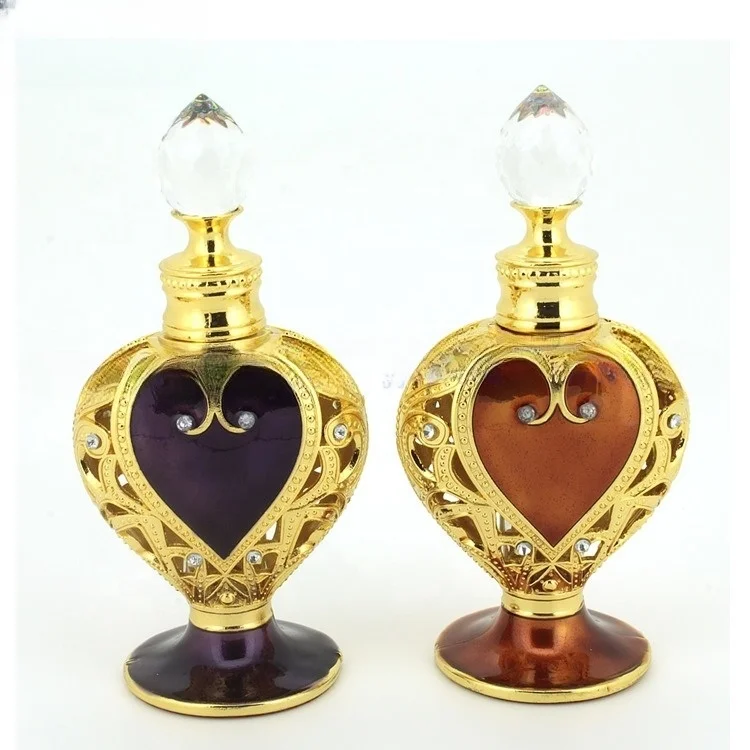 10ml Luxury Arabian Perfume Bottle Metal Glass Heart Shape Essential Oil Bottle with Box