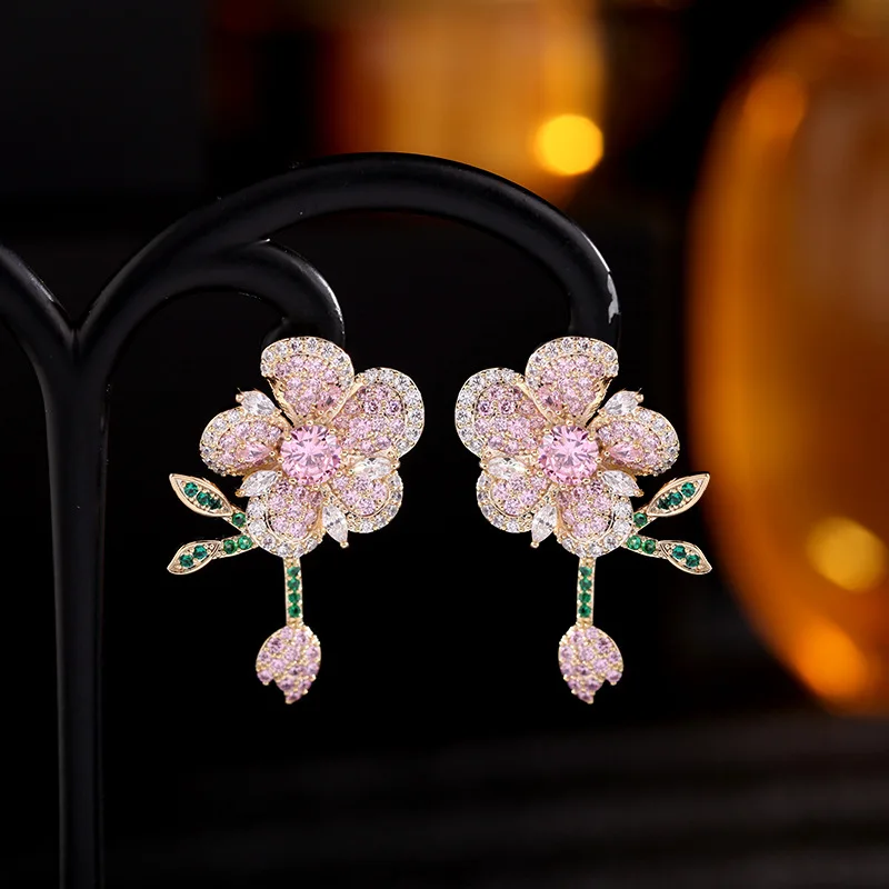 Heavy industry micro-inlaid colorful zircon earrings smart leaf earrings 925 silver needle three-dimensional flower earrings