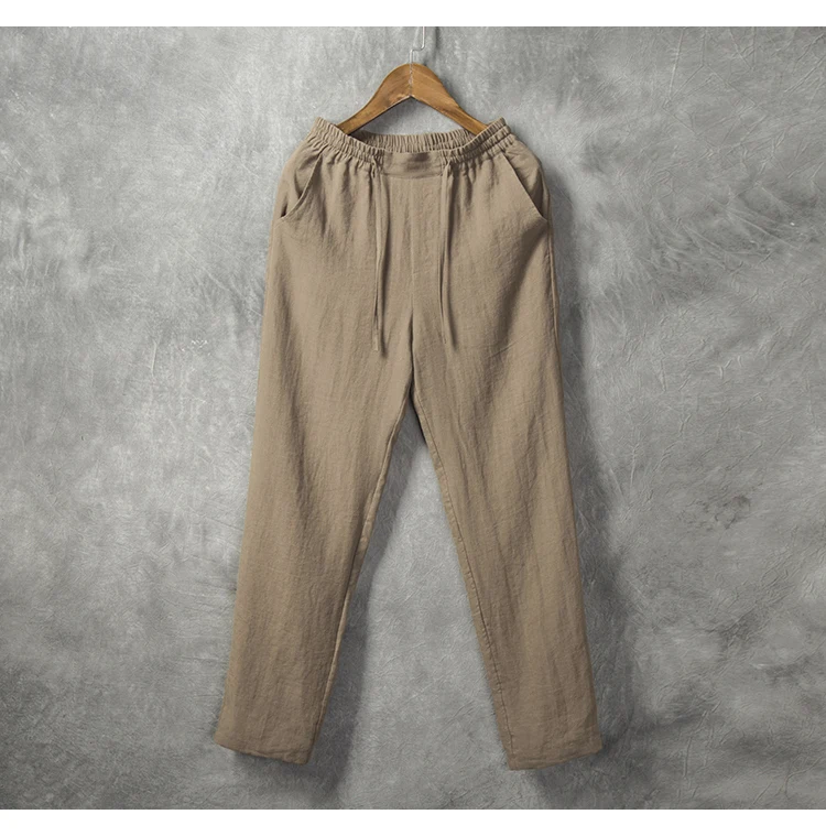 
OEM ODM Custom Spring Fall Straight Breathable Drawstring Loose Fit Men 100% Linen Pants 