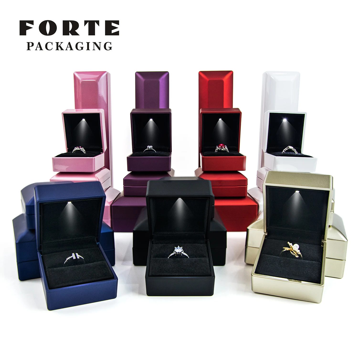 FORTE Black matte lacquer LED pendant box In stock blue light ring box white jewelry box