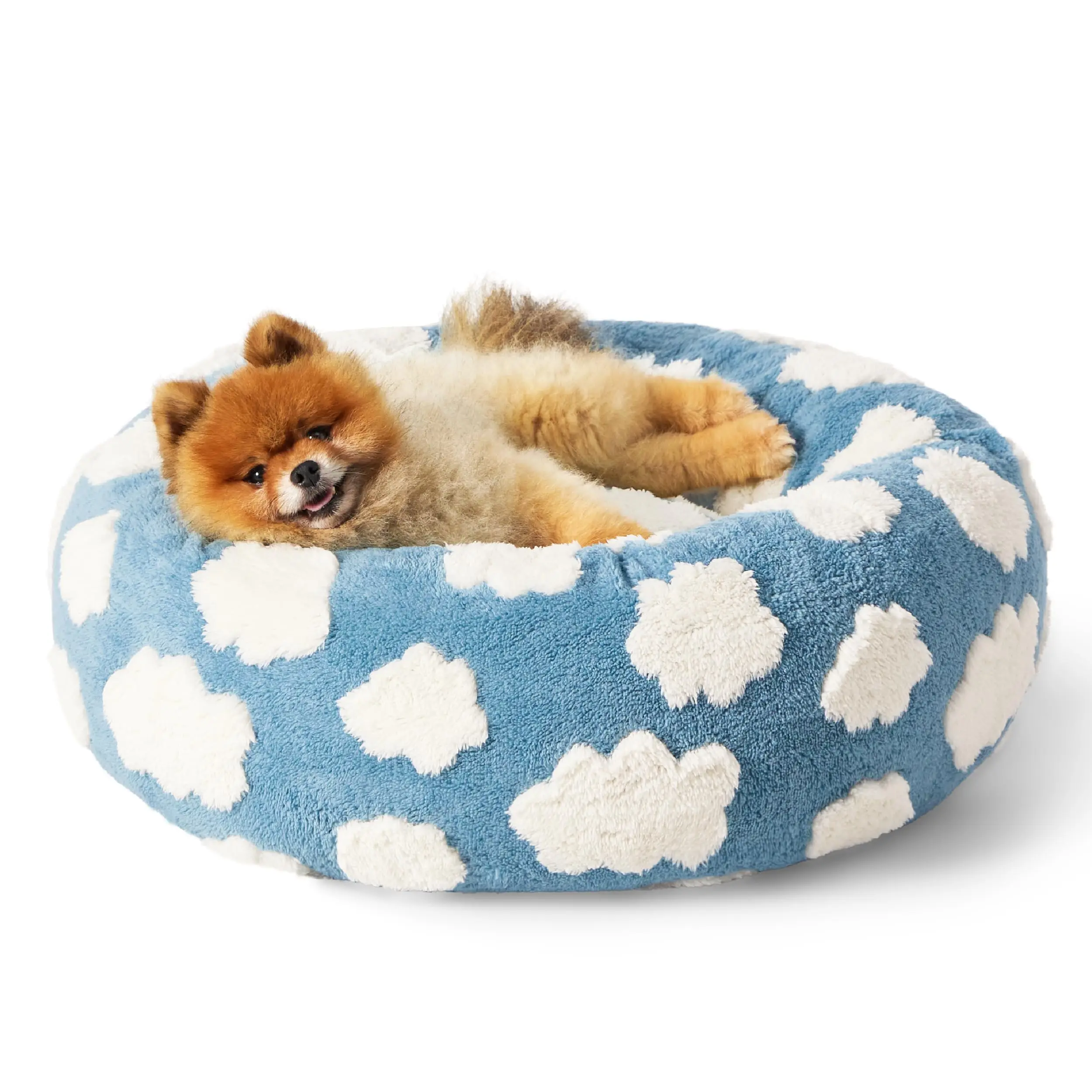 Round Cat Beds for Indoor Pets Calming Modern Beds with Jacquard Shaggy Plush and Anti-Slip Bottom 30 Inch Blue Donut Pet Bed