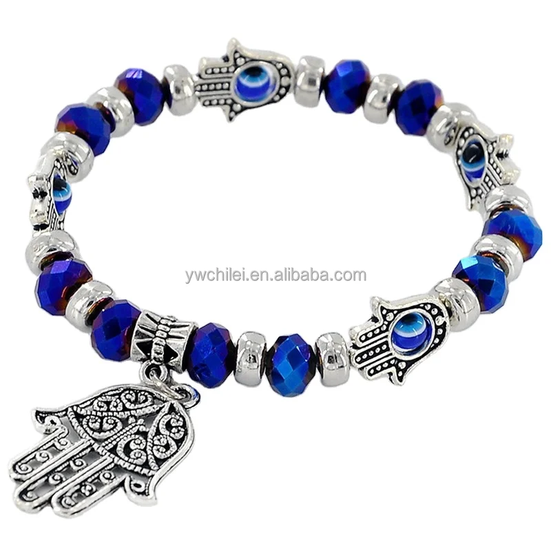 Women Men Hamsa Hand Fatima Blue Eye Chakra Beaded Charm Stretch Bracelet