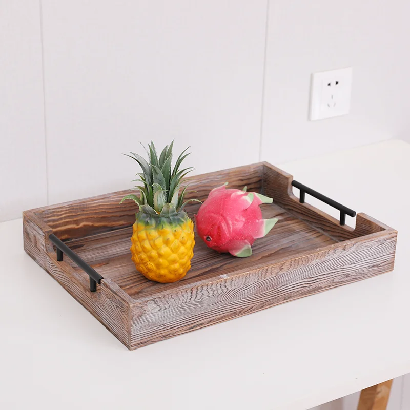 Nordic wooden tray creative living room household rectangular acacia Wooden Serving Tray with stainless steel handle