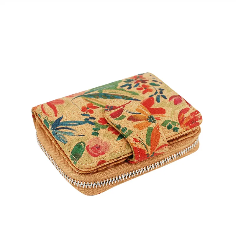 Cork Wallets Women Purses Printing Cork Leather Ladies Purse Vegan Pocket Wallet Card Holder With Zipper