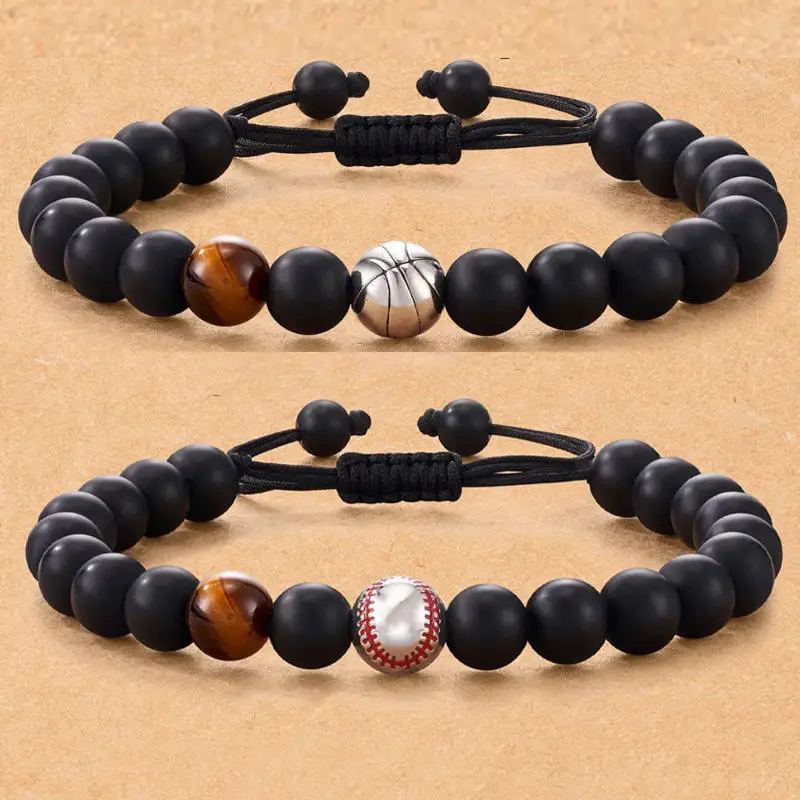 Sport Beaded Bracelets Handmade Championship Obsidian Frosted Natural Stone Soccer Baseball Basketball Charm Bracelets To My Son