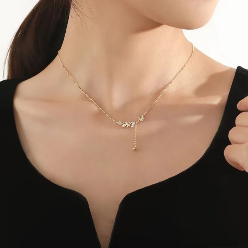 2024 Fashion Jewelry Necklace for Women Simple Zircon Wheat Ear Charm Necklace New Y-shaped Clavicle Chain Leaf Necklace