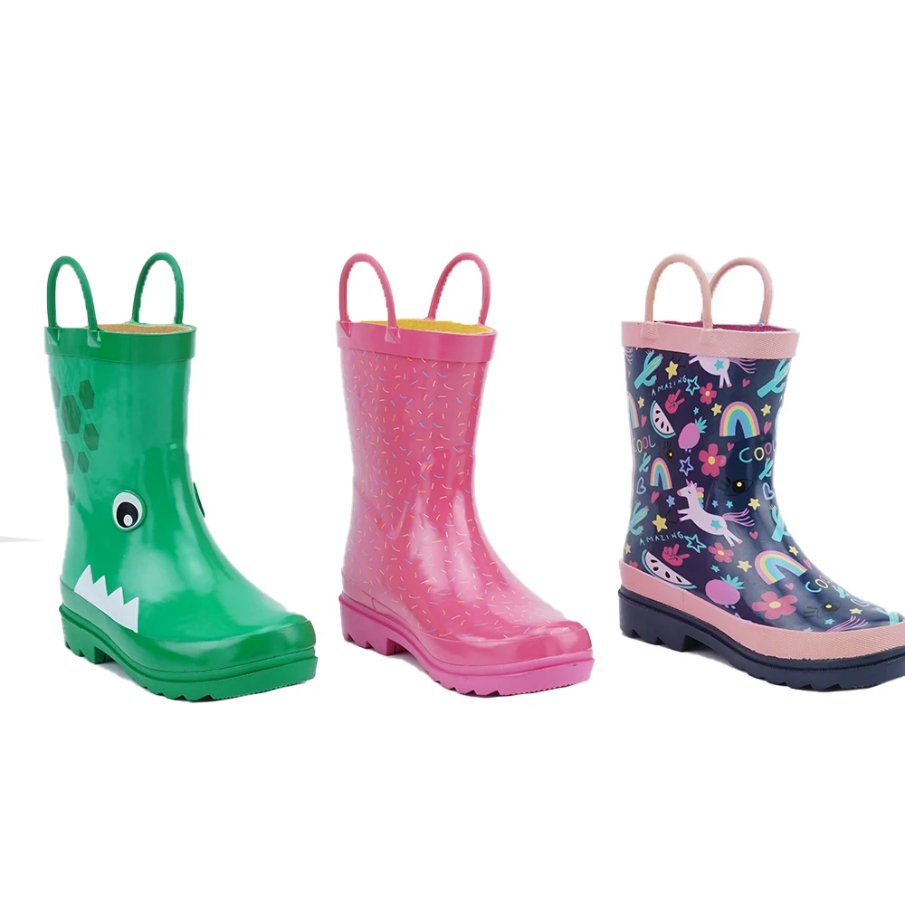 Deft Design Easy Pull On Handles Cartoon croc dinosaur Green Boy Waterproof Rain Boots Boy