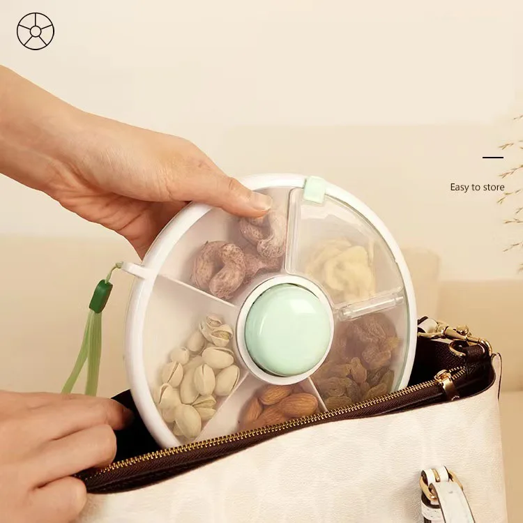 5 Compartment Portable Rotating Clear Round Plastic Carry Out Food Nuts Snack Box Spinner Containers for Kid or Baby