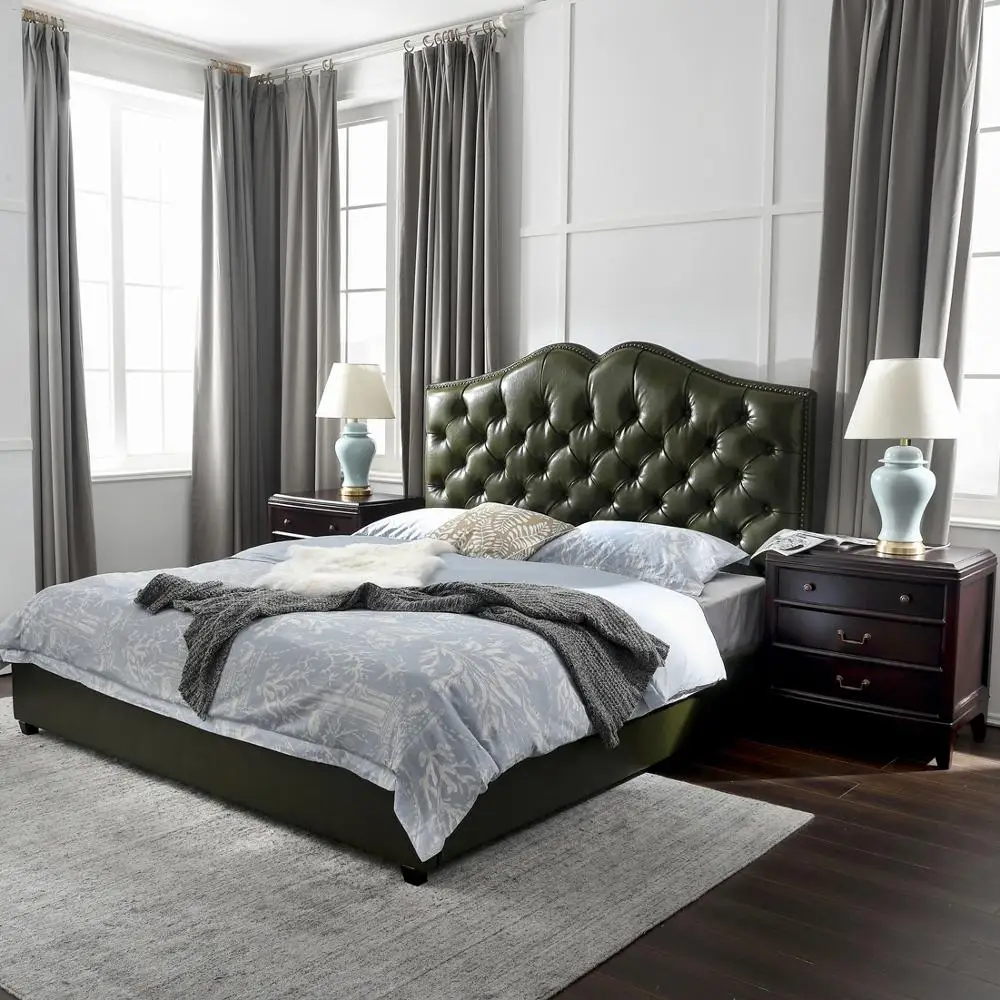 
American Modern Green Leather Upholstered King & Queen Size Bed Vintage Home Furniture Bedroom Set Solid Wood Quality Bed 