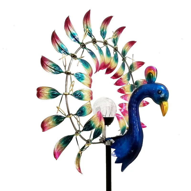 Hot selling factory direct sales garden decoration peacock windmill with light outside wind spinner windmill