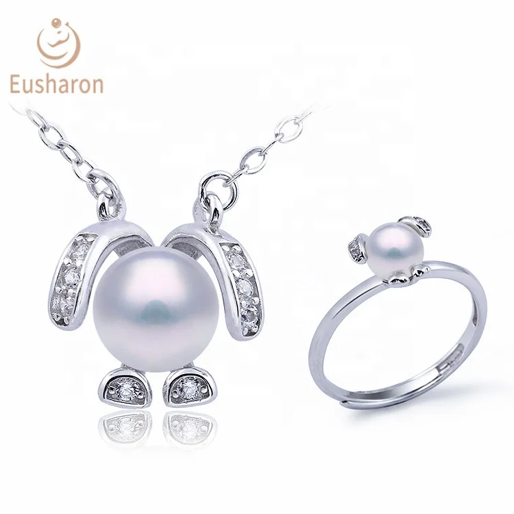 Retro Shinning Long Ear Rabbit Sterling Silver Freshwater Pearl Jewelry Wedding Ring Set Couple