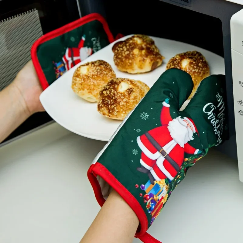 2Pcs/set Merry Christmas Thickened Oven Microwave Gloves Potholder Heat-resistant Pad Non-slip Oven Mitts Kitchen Accessories