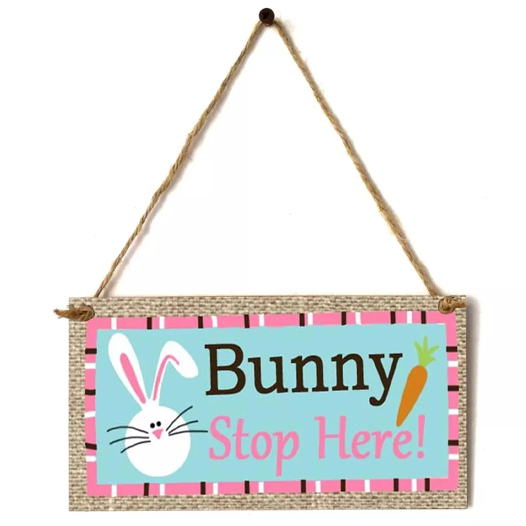 Wooden Bunny Stop Here Sign for Easter Day Home Wall Hanging Decoration chicken rabbit cross rectangular listing crafts
