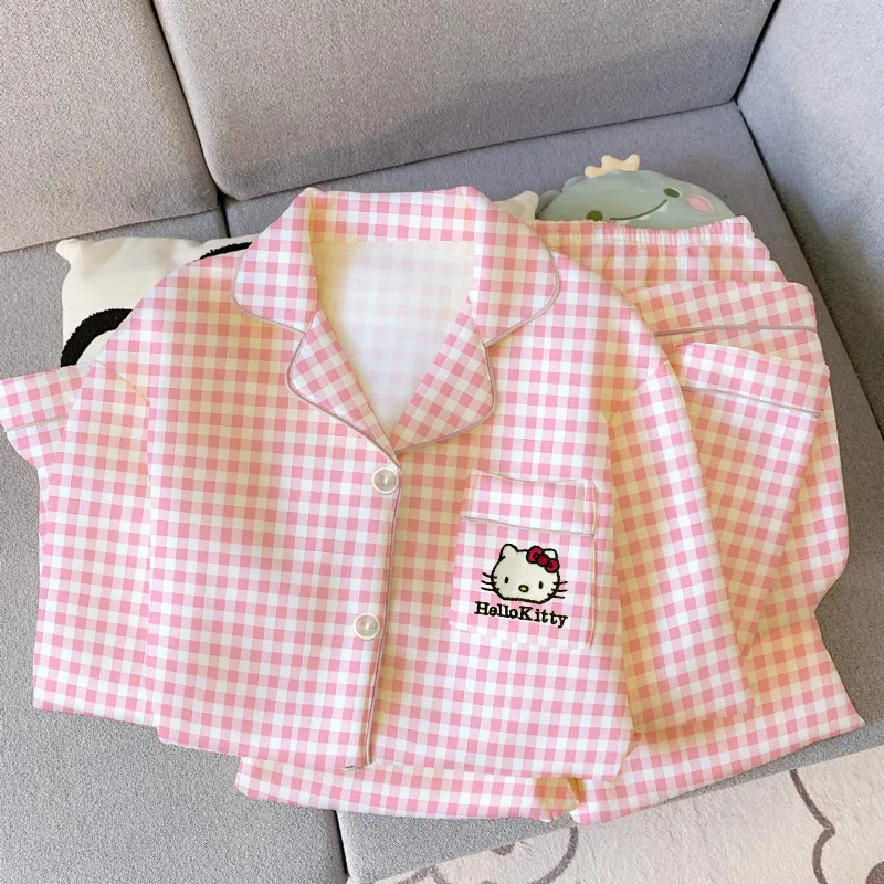 Женская осенне-зимняя клетчатая Пижама Hello Kitty милая бархатная длинная Домашняя одежда плотный теплый костюм