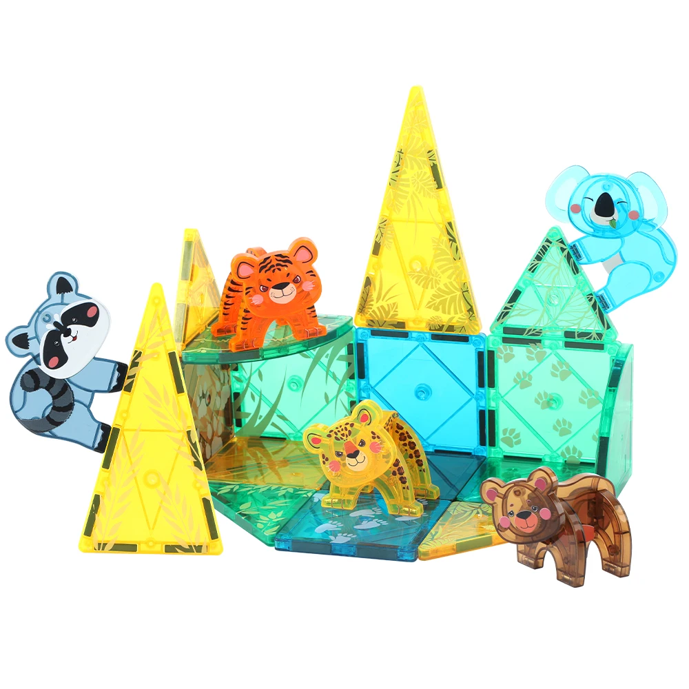Factory Wholesale Tiger Lion Educational Building Block Toy Set Magnetic Plastic Tiles with Magnet Forest Grassland Theme
