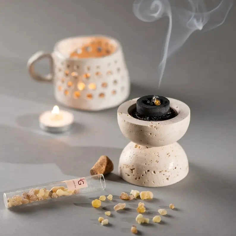 stonekocc Natural Stone Travertine Sphere Incense Aroma Burner Holder With Stainless Steel Bowl And Copper Hoist Base