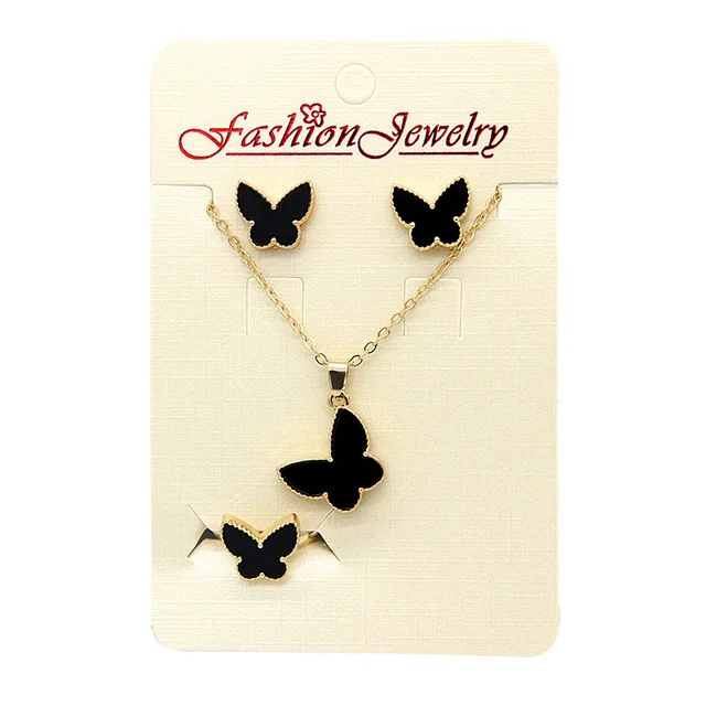 Wholesale Four-leaf Clover Three-piece Earrings Ring Pendant Simple Colorful Butterfly Necklace Set